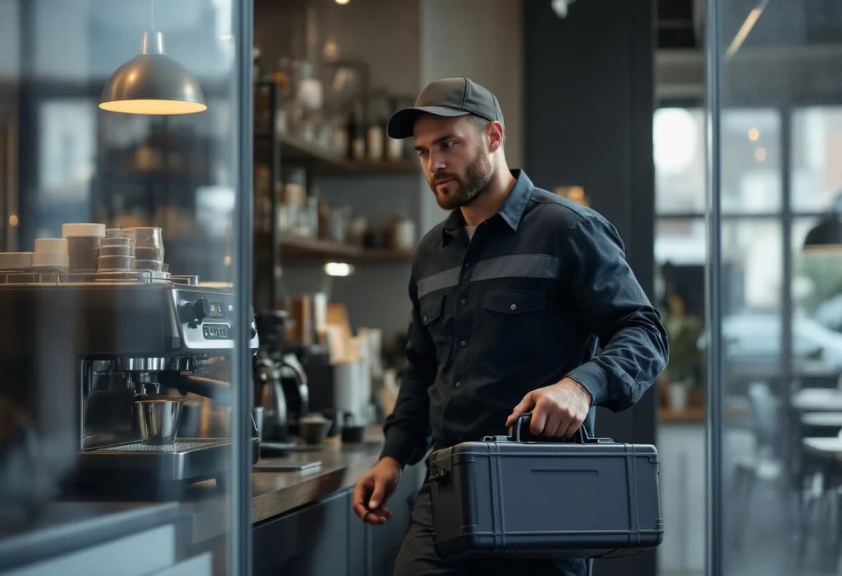 Servicetechniker mit Werkzeugkoffer betritt frühmorgens ein Café, Espressomaschine auf der Theke